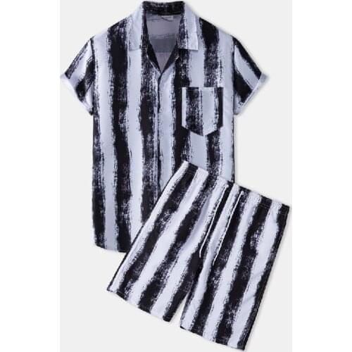Striped Men Short Set Summer Hawaiian Casual Print Aloha Shirt Suit Beach Holiday Shorts Streetwear 2 Pcs Oversize Mens Sets