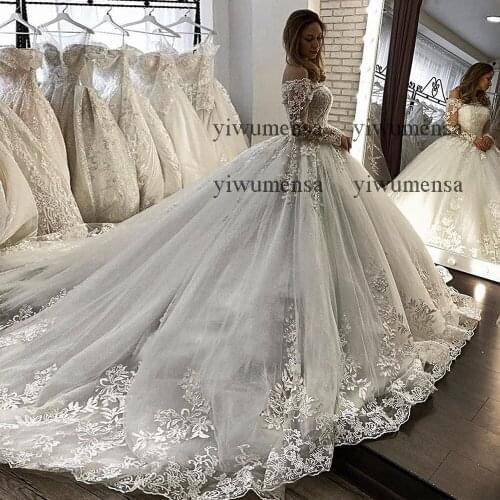 Romantic Boat Neck Sweep Train Ball Gown Bridal Long Sleeves Lace Appliques Wedding Dress 2021 Off The Shoulder Robe De Mariee