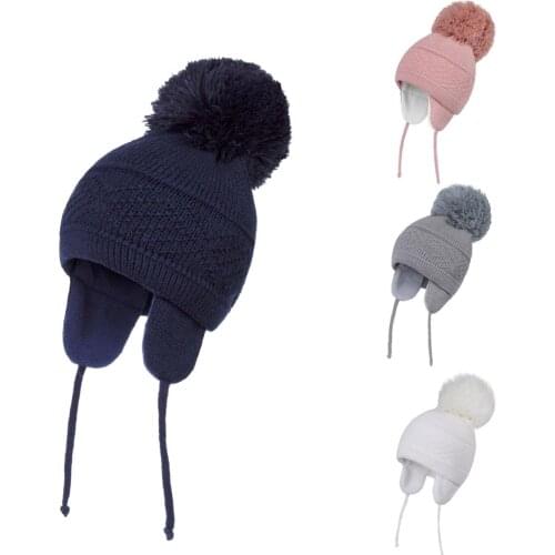 Connectyle Toddler Infant Baby Boys Girls Kids Winter Skull Cap Solid Color Warm Knitted Earflap Hat With Big Pom-Pom