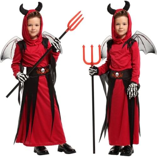 Scary Red Horn Devil Devilkin Costumes for Kids Child Boys Girls Demon Costume Cosplay Fancy Dress Robe Halloween Carnival
