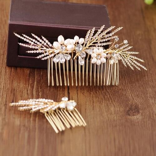 HP01 Golden Bridal Headwear with Hair Comb Wedding Hair Accessories Pearl Diamond Bride Headdress Hair Piece for Women Party