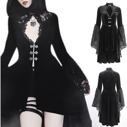 Vintage Black Women Velvet Dress Gothic Placed Elegant Hollow Out Dress Lace Patchwork Sexy Mini Female Party Dress