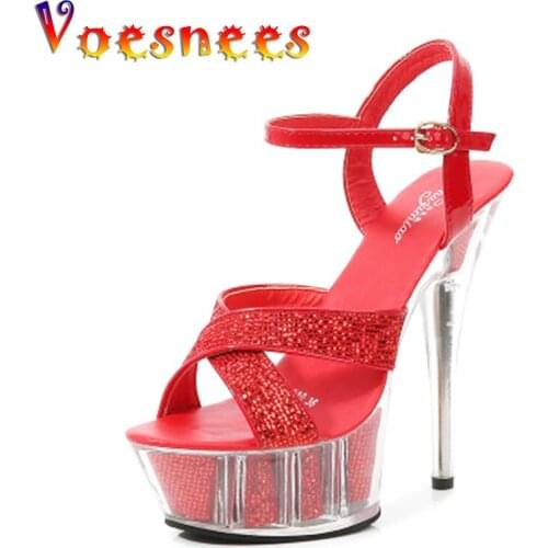 Voesnees Shoes Women Steel Pipe Dance Sexy Sandals Plus Size 42 High-heeled 15cm Fine with Platform Sandals Sequined Cloth Shoe