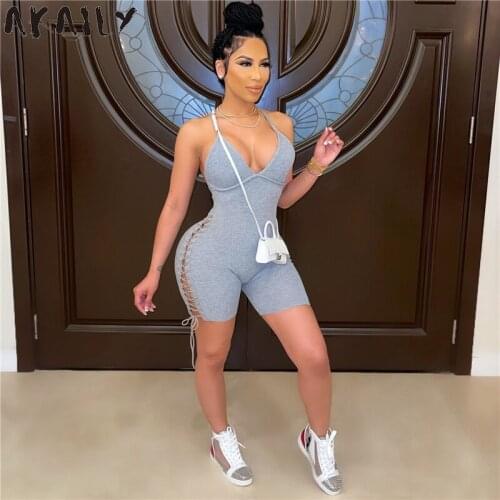 Akaily Summer Streetwear Grey Hollow Out Bodycon Short Jumpsuit Women Sleeveless Spaghetti Strap Bandage Rompers Playsuit 2021