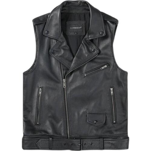 Genuine Cowhide Vest Lapel Diagonal Zipper Motorcycle Vest Youth Sleeveless Waistcoat Riding Leather