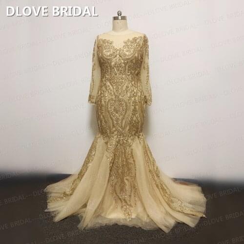 Gold Wedding Dress Plus Size Long Sleeves Bridal Gown Custom Made Sequined Lace Dresses Real Photos