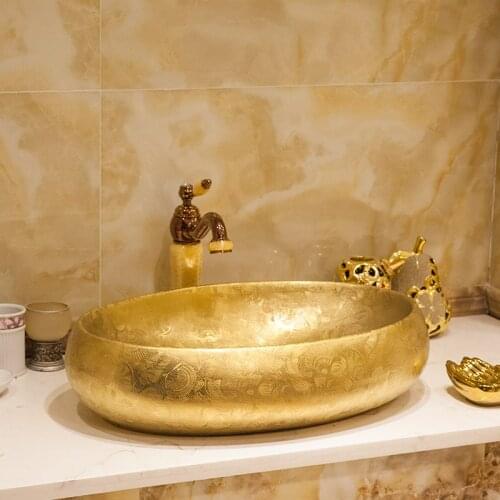 Golden/Silver oval Bathroom Cloakroom Chinese Handmade Europe Vintage Ceramic Lavabo Bathroom Sink wash basin bowl
