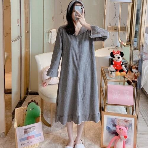 2021 Spring and Autumn New Long Sleeve Nightdress Womens Thin Grey Korean Casual Dress Simple Solid Color Home Clothes