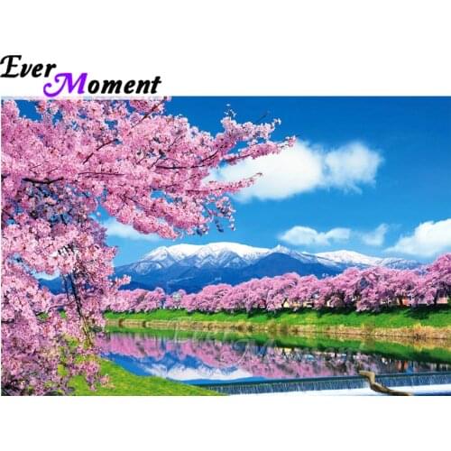 Ever Moment Diamond Painting Pink Flower Landscape Lake Artwork 5D DIY Mosaic Full Square Diamond Embroidery Handmade ASF1727
