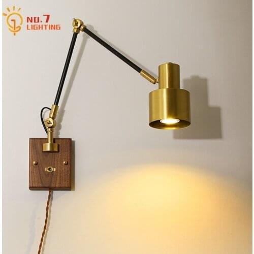 American Retro Vintage Swing Arm Wall Lamp with Switch Led E14 Copper Walnut Wall Mounted Bedroom Bedside Study Background Cafe