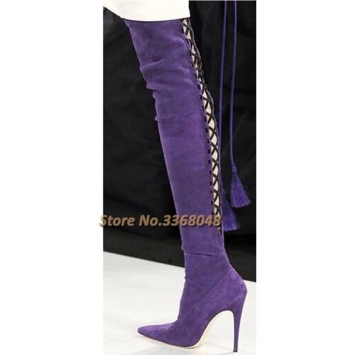 Hollow Lace Up Rome Boots Thin HigH Heel Sexy Pointed Toe Suede Thin Autumn Boots Over The Knee Solid Dress Women Shoes