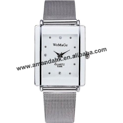 Fashion Womage 9366 Wholesale Rectangle Alloy Watches Women Men Quartz Analog Mesh Band Watch Hot Sale Women Dress Wrist Watch