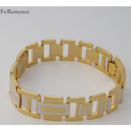 FoRomance / 49G 8.3" 21cm 17MM 0.67" WIDTH - YELLOW & WHITE GOLD GP OVERLAY FILLED BRASS RECTANGLE PATTERN LINK BRACELET