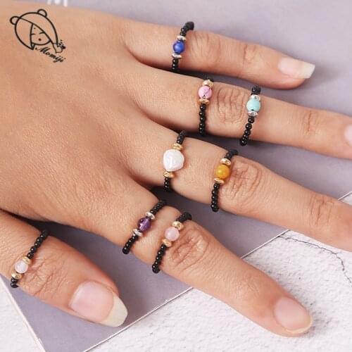 Momiji Handmade Natural Stone Beaded Rings Wedding Boho Multi Color Elastic Adjustable Crystal Pearls Statement Ring Women Gift