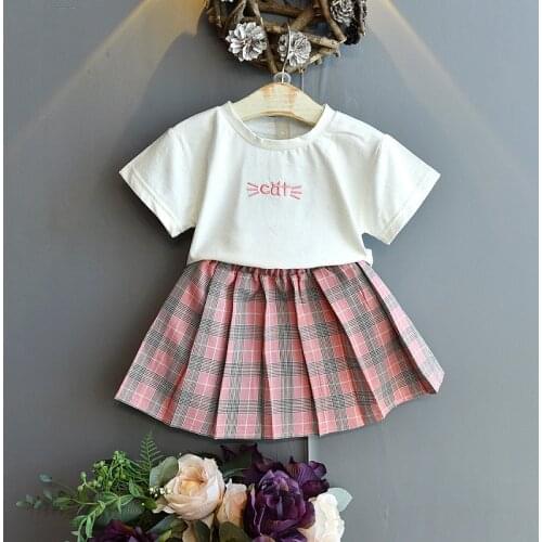 Gooporson Summer Little Girls Clothing Set Letter Cat Embroidery Short Sleeve Shirt&plaid Skirt 2 Pieces Fashion Kids Outfits
