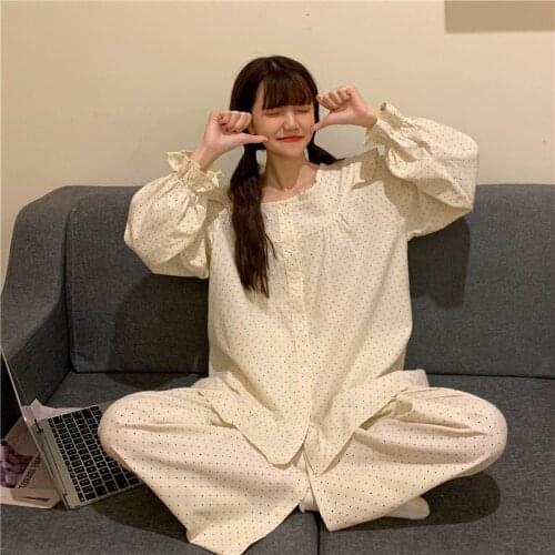 Korean pajamas new Polka dot womens cotton sweet casual home wear loose soft sleepwear suit pijamas women robe nightwear