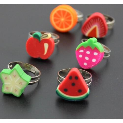 Mixed Color Cute Polymer Clay Fruit Shape Rings Watermelon Orange Strawberry 50pcs Wholesale