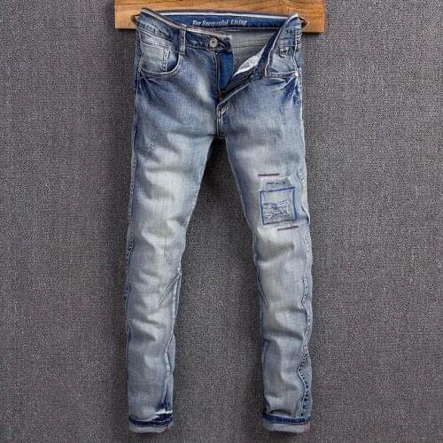 Fashion Streetwear Men Jeans Retro Blue Patchwork Destroyed Ripped Jeans For Men Designer Elastic Cotton Slim Fit Hip Hop Pants