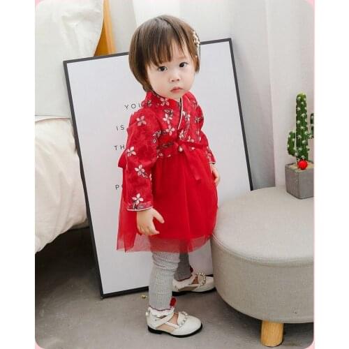 Spring and autumn new girl baby cheongsam costume stitching embroidery Chinese style little girl dress fluffy princess dress