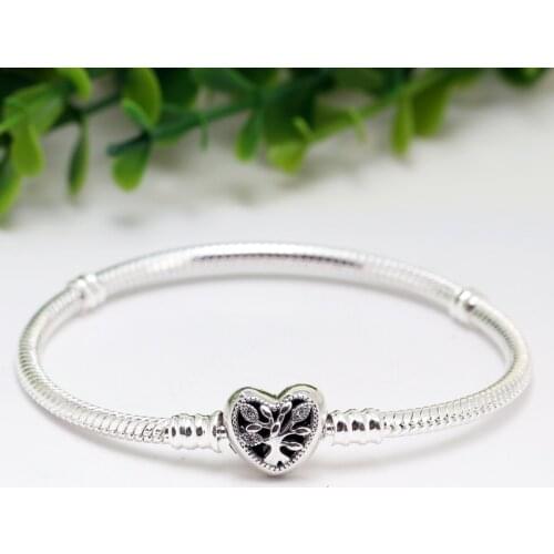 New Original 925 Sterling Silver Charms Bracelet Family Tree Hard Snake Chain Basic Bracelet Fit Pan Women DIY Jewelry Gift