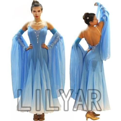 Ballroom Dance Dress Standard Skirt Competition Dress Costumes Performing Dress Customize Adult Children Blue Sparkly Rhinestone