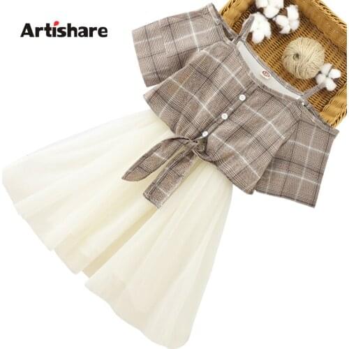 Dress Girl Plaid Pattern Girls Dresses Off Shoulder Mesh Children Dresses Summer Costume Girl 6 8 10 12 14