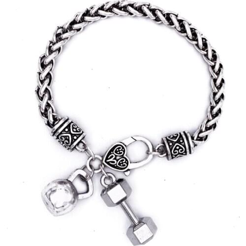 Yiwu Factory Selling Alloy Metal Fitness Kettle Bells Barbells Gym Pendants Wheat Chain Bracelets
