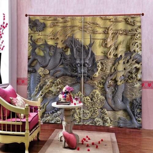 Custom 3d Blackout Curtain Wood carving of Chinese dragon curtains for living room window Drapes Sets ( left and right side)
