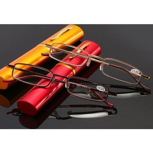 Portable Anti-blue Light Presbyopic Glasses Unisex Metal Frame Reading Glasses With Pen Tube Case Eyeglasses Diopter +1.00~+4.00