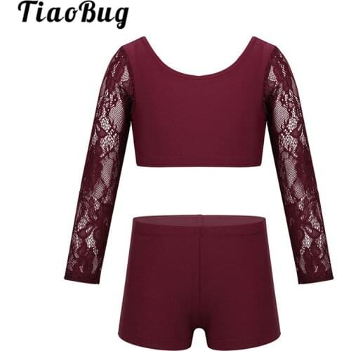 TiaoBug Kids Teens Two-piece Dance Wear Girls Lace Long Sleeves Ballet Gymnastics Crop Top with Shorts Stage Dance Costume Set