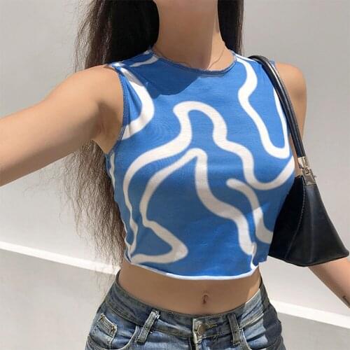 Vintage Ripple Graphic Contrast Color Printing Slim Cropped O-Neck Short Camisole Tops Summer Sleeveless T-Shirt Y2K Streetwear