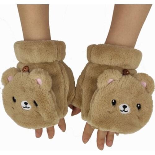 Women Cute Cartoon Bear Panda Half Finger Flap Wool Knit Mitten Winter Female Thicken Plush Cashmere Warm Touch Screen Glove E21