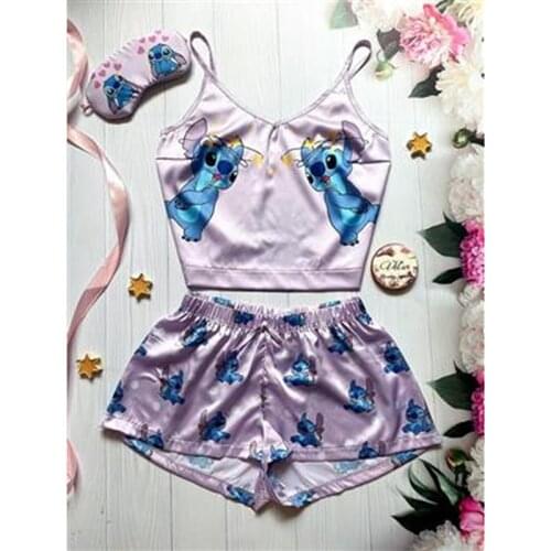 Disney Stitch Pooh Vest Shorts Women Fashion Sexy Cute Cartoon Print Shorts Two piece Set Artificial silk Women Summer 2021 New