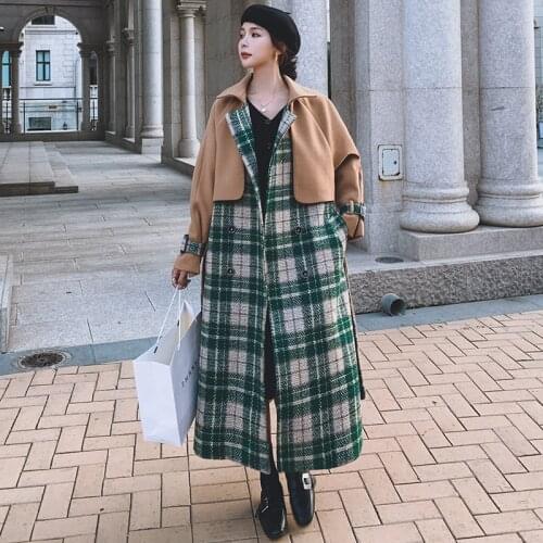 Womens Woolen Coat Long Autumn Winter Retro Hit Color Plaid New Thickened Knee-length Ladies Cloak Loose Fashion Jacket Female
