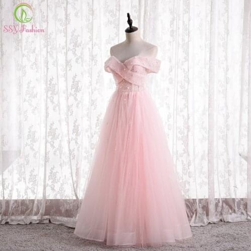 SSYFashion New Sweet Pink Evening Dress Elegant Boat Neck Beading A-line Long Party Formal Gowns for Women Vestidos De Noche