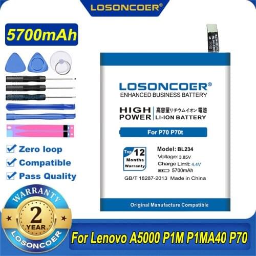 100% Original LOSONCOER 5700mAh BL234 Battery For Lenovo A5000 Vibe P1M P1MA40 P70 P70t P70-T P70A P70-A Battery