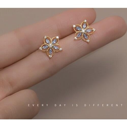 12mm 18k gold Authentic 925 Sterling Silver Jewelry sapphire gems five-petaled Flower Earrings Ear Stud Piercing C-G8025