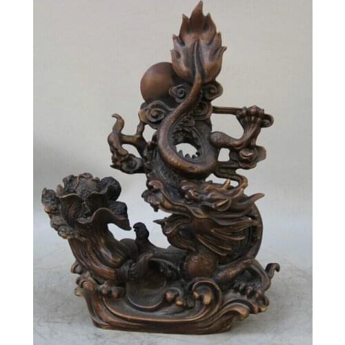 15" Chinese Bronze Folk animal cabbage Zodiac Year Dragon Statue sculpture