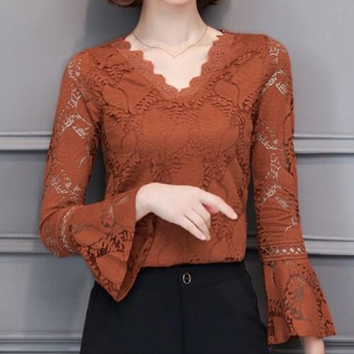 2020 Plus size Women clothing Spring sexy v neck lace Shirt Tops hollow out female Elegant long sleeve Lace Blouse shirts 562G