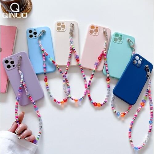 Cute Colorful Beads Smile Wrist Chain Bracelet Phone Case For iPhone 12 11 Pro MAX 7 8 Plus X XR XS Max Pearl Wrist Band Cover