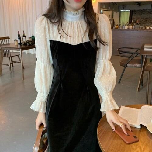 One-Piece Fall Dress Chic Elegant Stand Collar Pleated Polka Dot Stitching Velvet Fake Two-Piece Flared Sleeve Dress Midi Dress