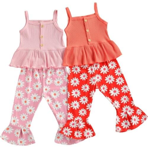 Citgeett Summer Kids Baby Girls Fashion 2-piece Outfit Set Sleeveless Tops+Daisy Print Flared Pants Set Clothes
