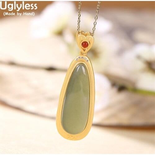 Uglyless Long Water Drop Jade Pendants for Women Simple Fashion Dress Necklaces No Chains 925 Silver Retro Jewelry Agate Heart