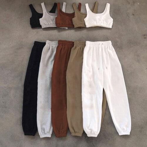 Women 2pcs Sport Yoga Outfits Set Sleeveless Crop Tank Top and High Waist Drawstring Jogger Pants Solid Color Tracksuit