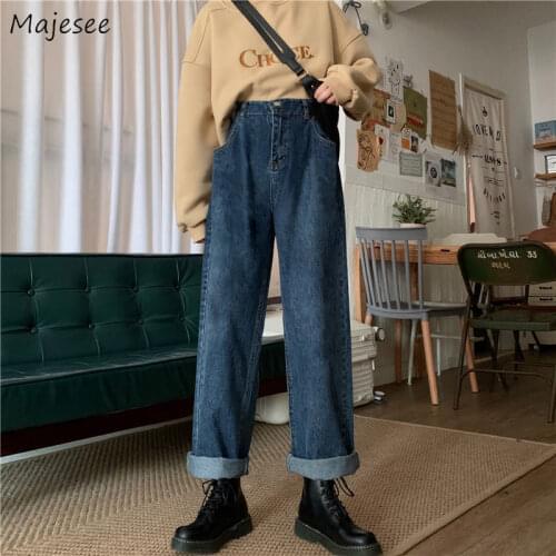 Jeans Women Winter Plus Velvet Thicken Vintage Retro High Waist Wide-leg Loose Harajuku Simple Students Chic Casual Daily Female