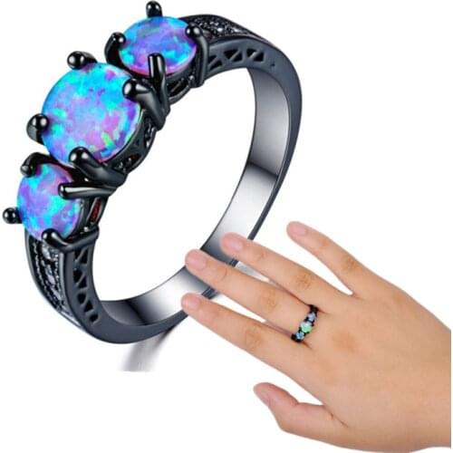 Exquisite Female Round Blue Fire Opal Fashion Ring Black Gold Filled Wedding Rings For Women Vintage Jewelry Anillos Mujer