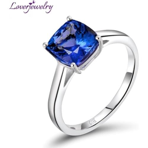 Solid 18Kt White Gold Ring Natural Blue Tanzanite Engagement Ring Design Cushion Cut Gem Jewelry Simple Design For Anniversary
