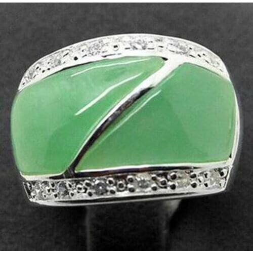 Natural Green jade 22X16mm Silver Marcasite Ring Size 8/9/10/11