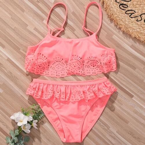Hollow Out Girls Swimsuit Kids Flounce Two Piece Childrens Swimwear Ruffle Girl Bikini Set 7-14Y Girls Bathing Suit Beachwear