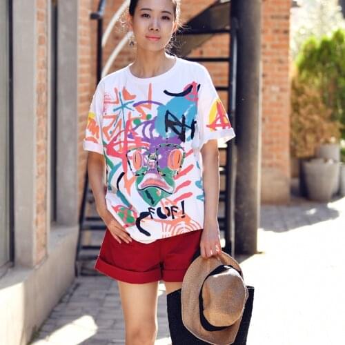 MICOCO T8278C Literary and artistic leisure personality color graffiti loose age reduction cotton round collar short sleeves T